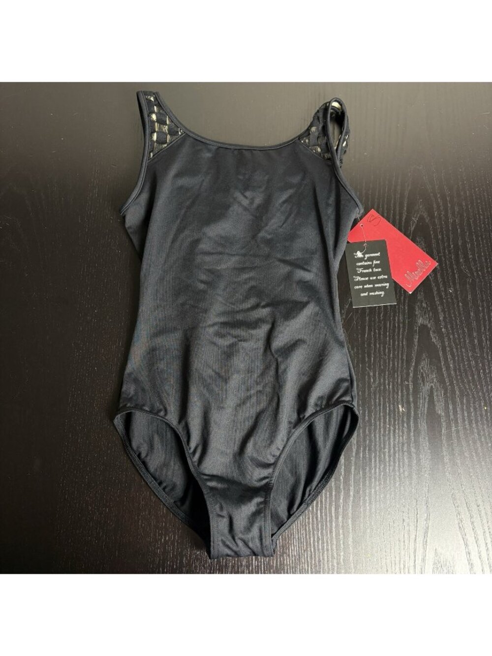 NWT MIRELLA Womens S Black Square Lace Panel Tank Leotard